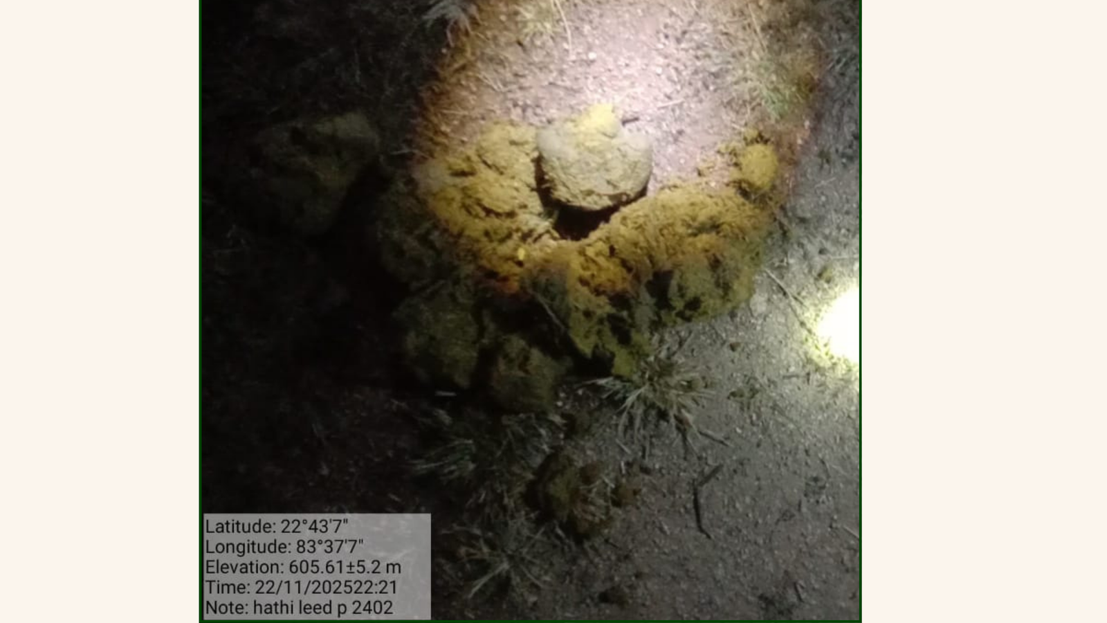 GPS-tagged elephant dung evidence -- Lat 22 43 7 N, Long 83 37 7 E